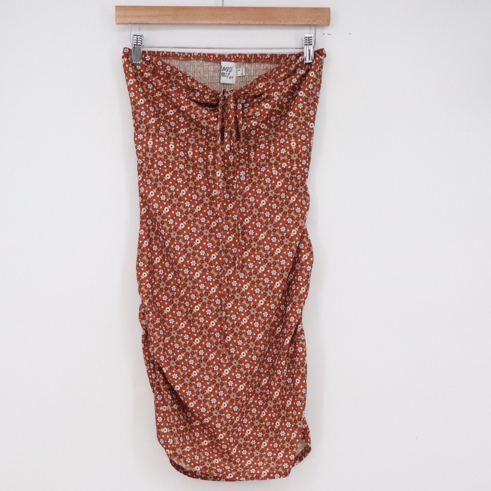 Princess Polly Dress Womens 4 Strapless Smocked Ruched Rust Floral Mini Exc